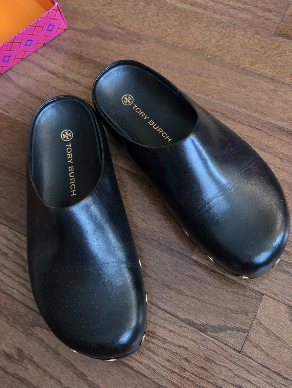 TORY BURCH Black Leather Studded Platform Clogs Mules Size 8 New in Box
